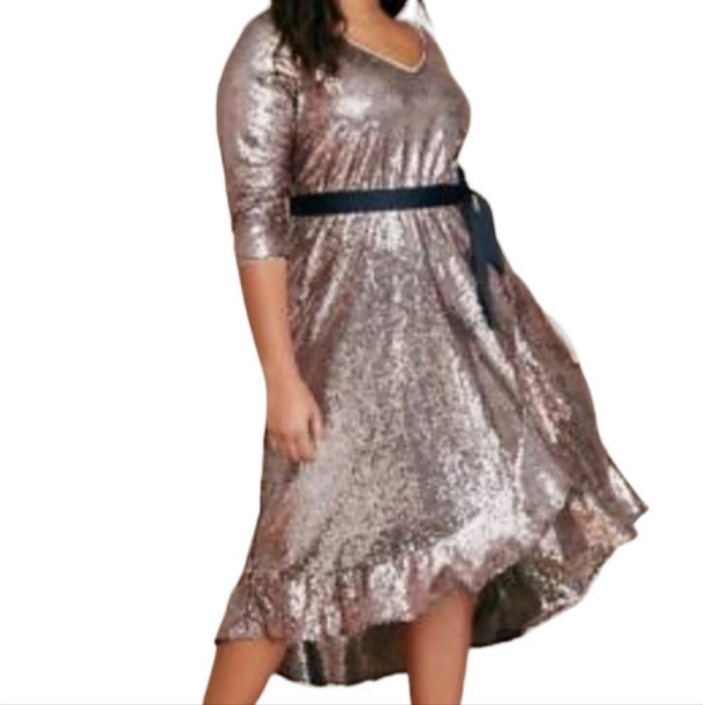Lane Bryant Rose Gold Sequin High Low Dress with Black Tie Belt, size 14/16 NWT